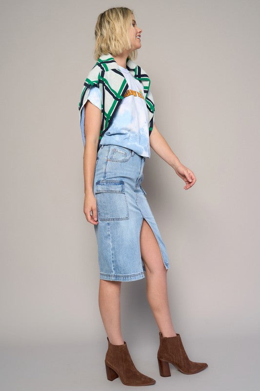 High-Rise Front-Slit Denim Cargo Skirt