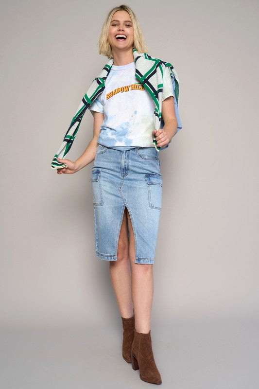 High-Rise Front-Slit Denim Cargo Skirt
