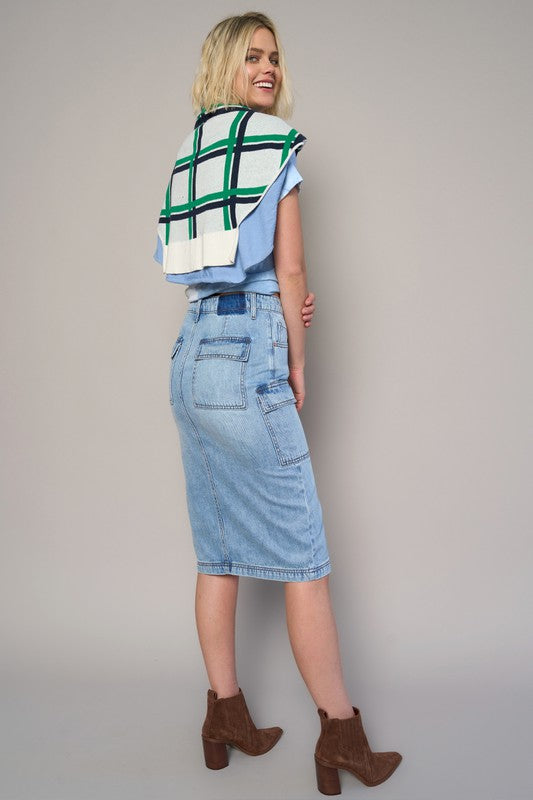 High-Rise Front-Slit Denim Cargo Skirt