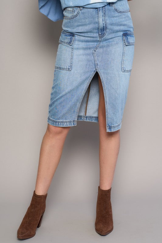 High-Rise Front-Slit Denim Cargo Skirt