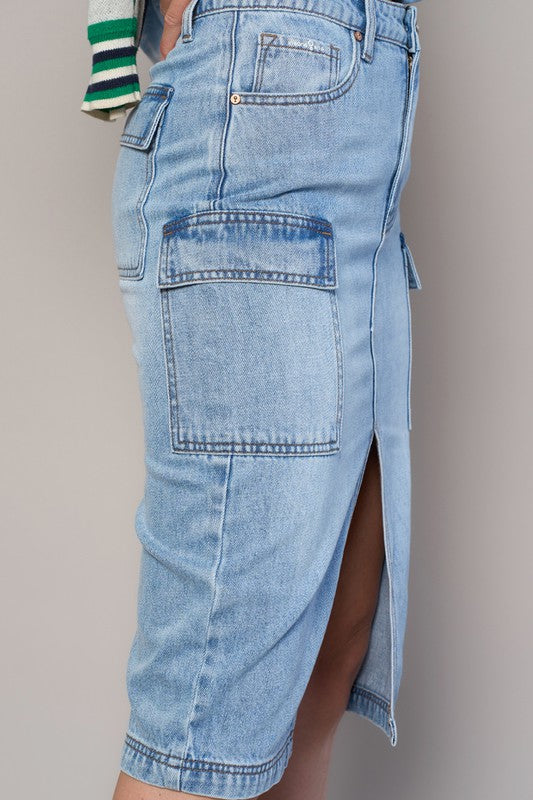 High-Rise Front-Slit Denim Cargo Skirt