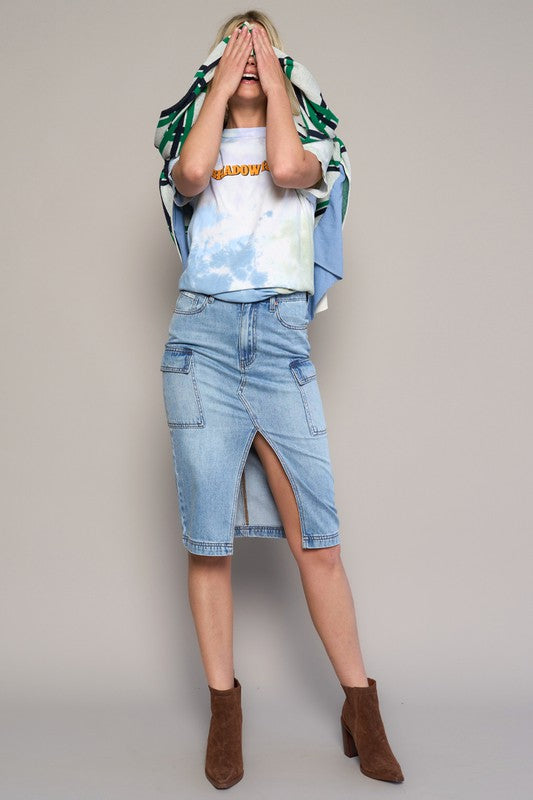 High-Rise Front-Slit Denim Cargo Skirt