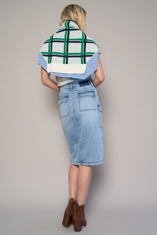 High-Rise Front-Slit Denim Cargo Skirt