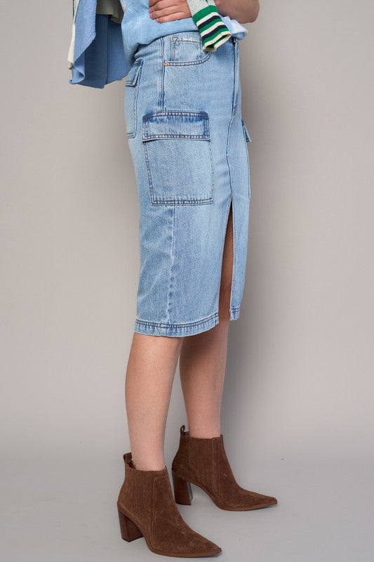 High-Rise Front-Slit Denim Cargo Skirt