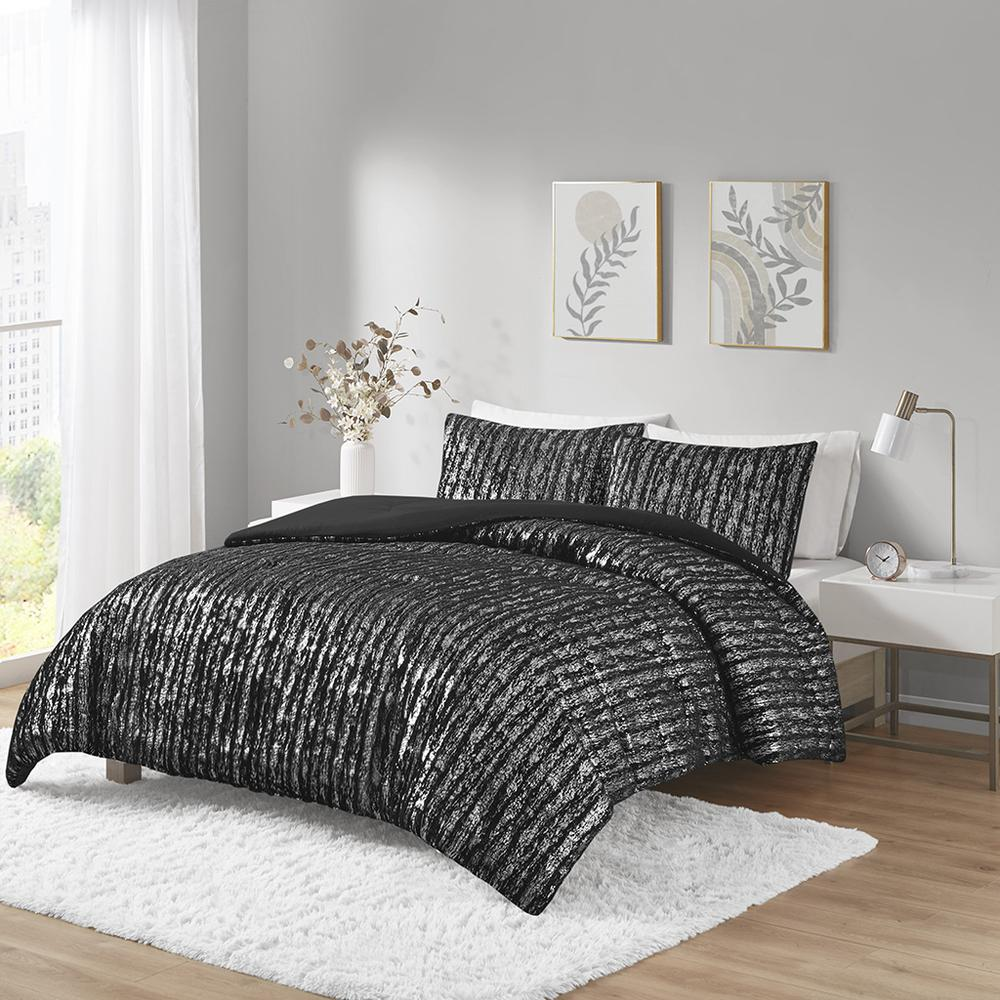 Black Naomi Metallic Print Faux Fur Comforter Set - Full/Queen