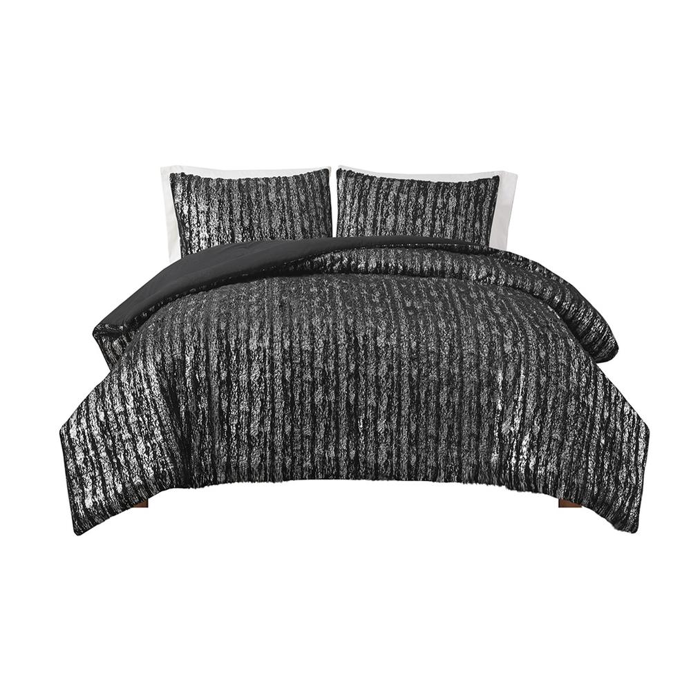 Black Naomi Metallic Print Faux Fur Comforter Set - Full/Queen