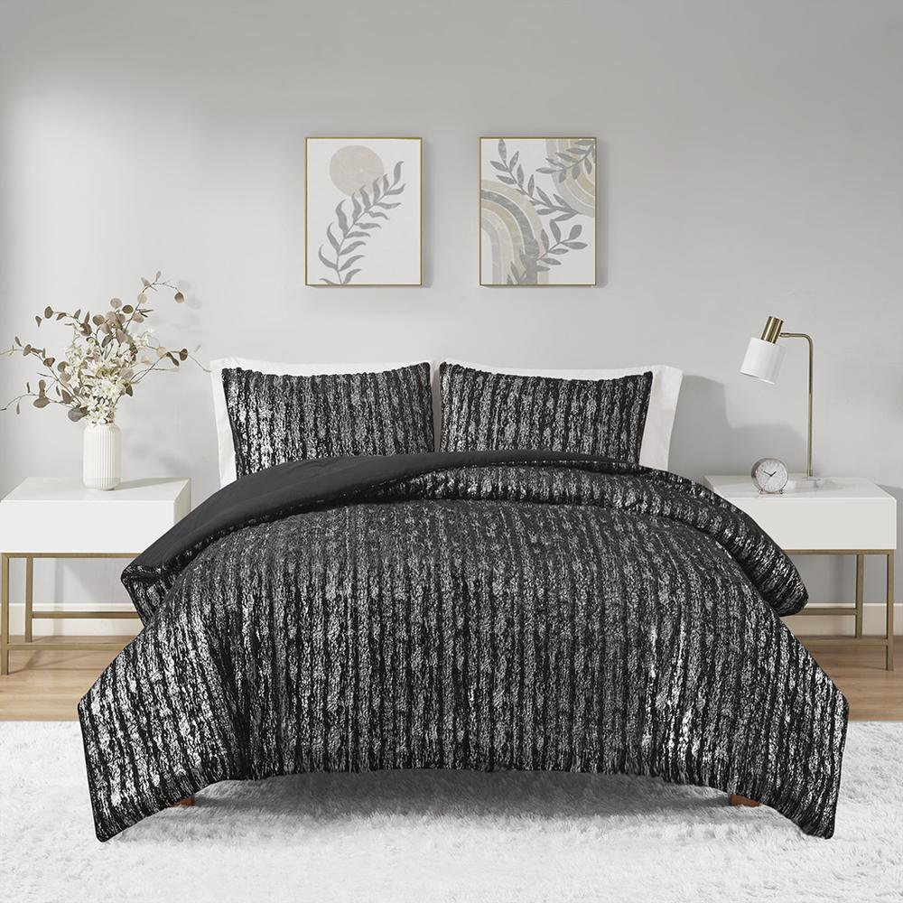 Black Naomi Metallic Print Faux Fur Comforter Set - Full/Queen