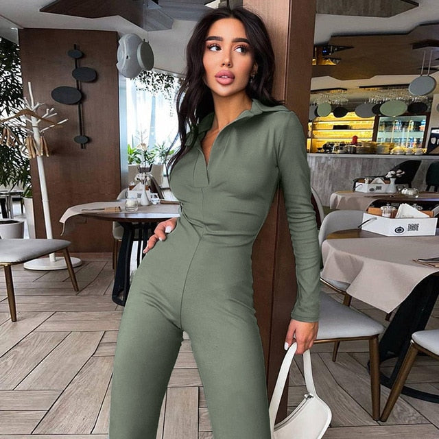 Chic Women's Long Sleeve V-Neck Skinny Jumpsuit