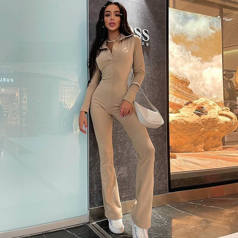 Chic Women's Long Sleeve V-Neck Skinny Jumpsuit